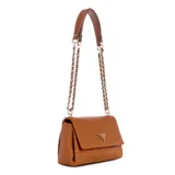 Bandolera Guess modelo Etel Chica color marrón con diseño tejido, solapa con cierre de botón a presión y placa triangular con logo dorado. Incluye correa de mano y correa larga de cadena dorada.