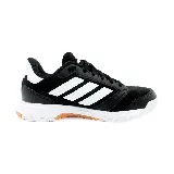 Championes deportivos Adidas Ligra 8 para mujer, diseñados para entrenamiento en sala. Presentan una parte superior de malla transpirable y materiales sintéticos en color negro, con las icónicas tres tiras laterales en blanco. La suela de goma blanca incluye detalles en color naranja para mayor tracción en superficies interiores.