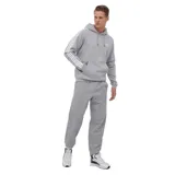 Canguro Adidas gris con capucha y cordones ajustables, bolsillo tipo canguro y logo bordado en el pecho. Presenta las tres rayas características de la marca en color blanco a lo largo de las mangas.