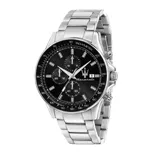Reloj Maserati Sfida con caja de acero inoxidable plateado de 44mm, esfera negra con cronógrafo, función de fecha y taquímetro. Correa de acero plateado y cristal mineral resistente.