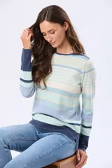 Buzo de tejido fino a rayas horizontales en tonos azul, celeste, beige y blanco, con cuello redondo y mangas largas.
