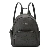 Mochila Guess negra con estampado del logo de la marca. Tiene un bolsillo frontal con cremallera, bolsillos laterales y múltiples bolsillos interiores.