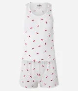 Conjunto de pijama short doll blanco con estampado de cerezas rojas, confeccionado en tejido rib. Incluye musculosa con puño y short con cintura elástica y bajo frufru.