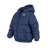 Campera puffer azul marino con capucha y cierre frontal.