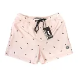 Short de baño rosado con estampado de siluetas negras.