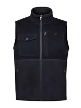 Chaleco negro con cuello alto, cierre frontal y múltiples bolsillos con cierre. Diseño con parte superior de cotelé y parte inferior de sherpa.