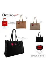 Cartera tipo tote color beige con doble asa de hombro, logo circular de la marca en el centro y llavero colgante con forma de labios.