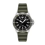 Reloj Emporio Armani para hombre, modelo Solar, con caja plateada de 42mm, esfera negra, correa de silicona verde y resistencia al agua de 100m.