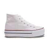 Zapatillas deportivas de caña alta color negro, con plataforma doble blanca y detalles en rojo.