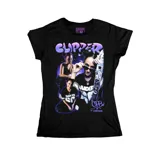 Remera negra entallada de algodón con estampado de una mujer con ropa deportiva y texto "Clipper".