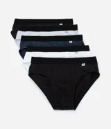 Kit de cinco calzoncillos slip de algodón con elástico aparente en la cintura.