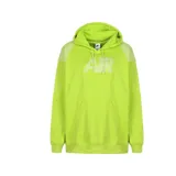 Buzo deportivo Nike color verde flúor con capucha y bolsillo tipo canguro. Presenta el logo "AIR" estampado en el frente y detalles de malla en los hombros.