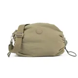 Bandolera verde de poliéster con correa regulable, cierre superior y logo de la marca en el frente.