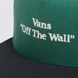 Gorra Vans verde con visera plana negra y logo bordado en blanco.