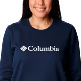 Buzo azul marino de algodón con cuello redondo y mangas largas. Logotipo de la marca Columbia estampado en blanco en el pecho.