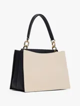 Cartera tote de lona color beige con rayas verticales azul marino y blanco. Tiene asa superior, correa ajustable y extraíble, cierre magnético y múltiples compartimentos interiores.