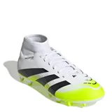 Championes de fútbol Adidas Predator Club Sock, color blanco con detalles en negro y amarillo limón.