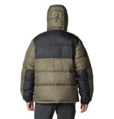 Campera puffer Columbia Pike Lake II Hooded para hombre, color verde oliva y negro. Cuenta con tecnología Omni-Heat Reflective, capucha ajustable, bolsillos con cierre y puños elásticos.