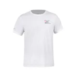 Remera deportiva blanca de manga corta con cuello redondo y estampado con la leyenda "RUN ON LIGHT RUNNING MY HEART IS RACING" en el pecho.