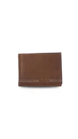 Billetera de cuero marrón con pespuntes en degrade de colores. Interior con repartición para billetes, volante, visor y tarjeteros.