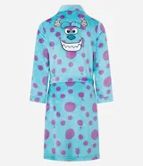 Bata de baño azul con lunares violetas, con lazo en la cintura, bolsillos y estampa de la cara de Sulley de Monsters Inc.