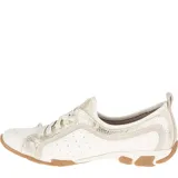 Zapatilla urbana blanca con detalles dorados, de cuero y tela calada. Cuenta con cordones, suela antideslizante Bounce® y plantilla extraíble de poliuretano con inserto de gel en el talón.