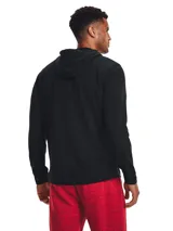 Campera Under Armour Rival Terry, color gris jaspeado, con cierre frontal completo, capucha con cordones ajustables y logo estampado en el pecho.