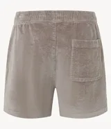 Bermuda de terciopelo color crema, corte runner, con cintura elástica, cordón ajustable y bolsillos laterales.