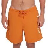 Short de baño naranja con cintura elástica ajustable con cordón y logo de la marca estampado en blanco en la pierna derecha.