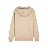 Canguro beige con cierre frontal, capucha y bolsillo tipo canguro.
