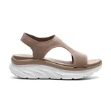 Sandalia Skechers color beige con plataforma blanca, capellada tejida elástica y plantilla acolchada Luxe Foam.