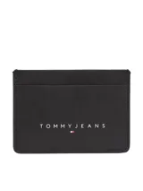 Tarjetero minimalista de color negro, con múltiples ranuras para tarjetas y un compartimento central. Presenta el logo lineal de Tommy Jeans en la parte frontal.