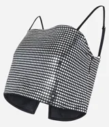 Blusa cropped metalizada con breteles finos ajustables y abertura en la espalda.