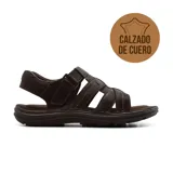 Sandalias casuales de cuero marrón con múltiples tiras y ajuste con velcro.