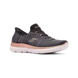 Championes deportivos Skechers Slip-ins Summits Millionaire, color gris oscuro con detalles metálicos en rosa dorado. Diseño sin cordones con cordones elásticos fijos, plantilla Air-Cooled Memory Foam y suela flexible.