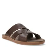 Sandalia de hombre Freeway, color marrón oscuro, estilo chancleta abierta con tiras de cuero entrelazadas en la parte superior. Una de las tiras presenta perforaciones.