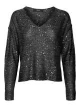 Sweater de punto negro con escote en V, mangas largas y lentejuelas plateadas.