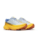 Championes de trail running Merrell Agility Peak 5, color celeste con detalles en azul y amarillo. Suela Vibram Megagrip color naranja.
