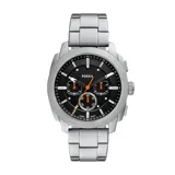 Reloj Fossil Machine para hombre con caja de acero inoxidable plateado de 44mm de diámetro, esfera negra con detalles en naranja y correa de acero inoxidable plateada.