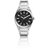 Reloj Fossil Everett con caja de acero inoxidable plateado de 42mm y pulsera a tono. Esfera negra texturada con indicadores plateados y fechador.