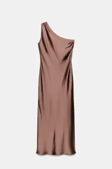 Vestido midi de satén color marrón rosado, con escote asimétrico de un solo hombro y abertura en la espalda.