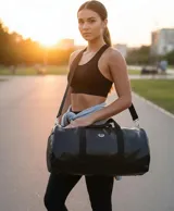 Bolso duffel negro de cuero sintético con logo de ancla bordado en rosa. Tiene doble asa de mano reforzada, correa de hombro regulable y desmontable, cierre superior con doble cremallera y tres bolsillos (dos exteriores y uno interior).