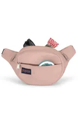 Riñonera JanSport Fifth Avenue negra con estampado de rayos blancos.