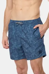 Short de baño azul con estampado de hojas, cintura elástica con cordón ajustable, bolsillos laterales y suspensor de malla fina.