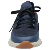 Zapatilla casual gris de tejido de poliéster con cordones naranjas, cuello elástico y suela de goma y EVA.