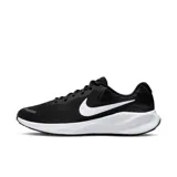 Championes de running Nike Revolution 7 negros con suela blanca y logo blanco en el lateral.