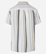 Camisa de manga corta para hombre marca Marfinno, confeccionada en tejido texturizado de mezcla de algodón y poliéster. Presenta un diseño de rayas verticales en tonos beige, gris y bordó, con cuello tradicional y cierre frontal mediante botones.