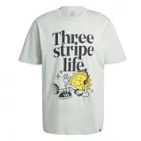 Remera de manga corta color verde claro con estampado de un sol con auriculares y la frase "Three stripe life".