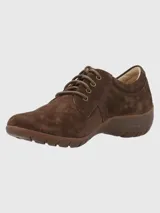 Zapato acordonado de cuero azul con suela marrón de goma.