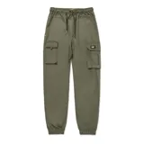 Pantalón cargo color verde oliva, con cintura elástica ajustable con cordón, bolsillos laterales tipo cargo con solapa y puños elásticos.